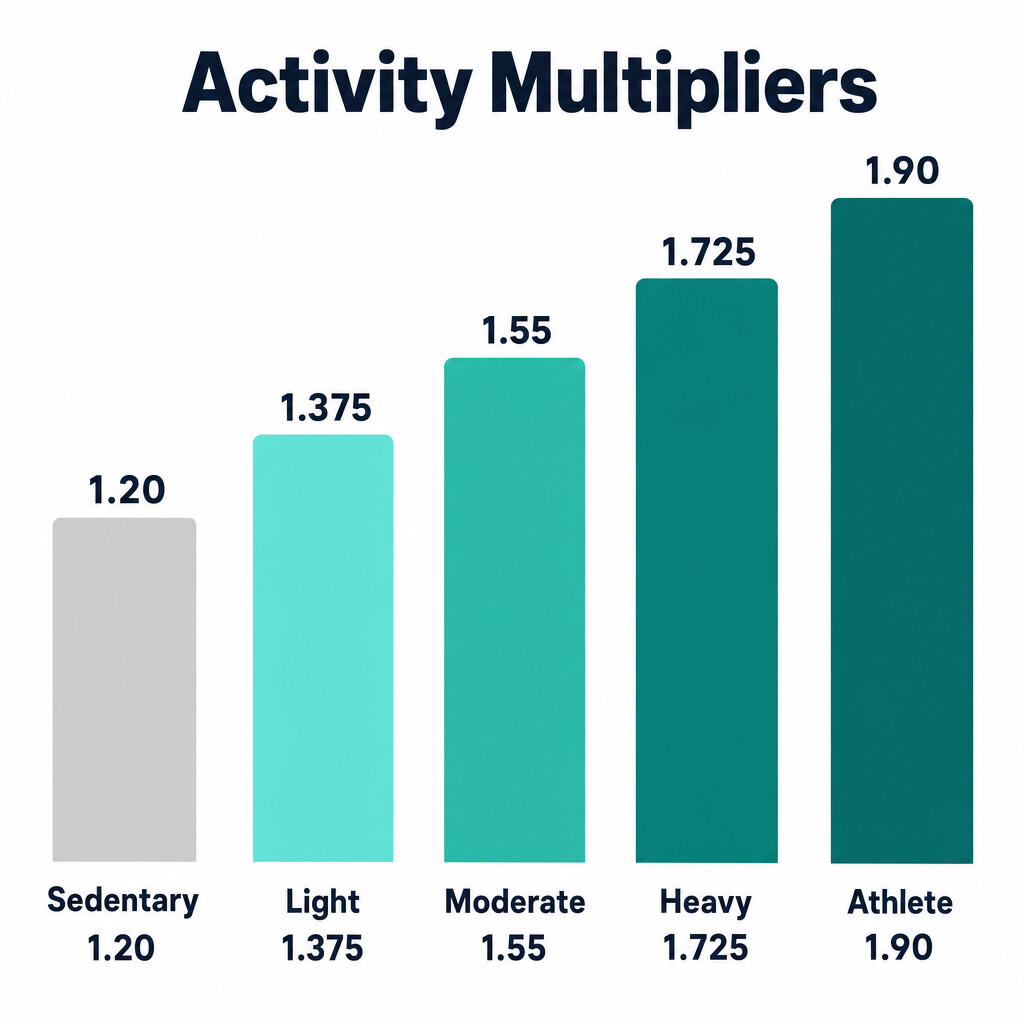 Five-step activity ladder: sedentary 1.20, light 1.375, moderate 1.55, heavy 1.725, athlete 1.90.