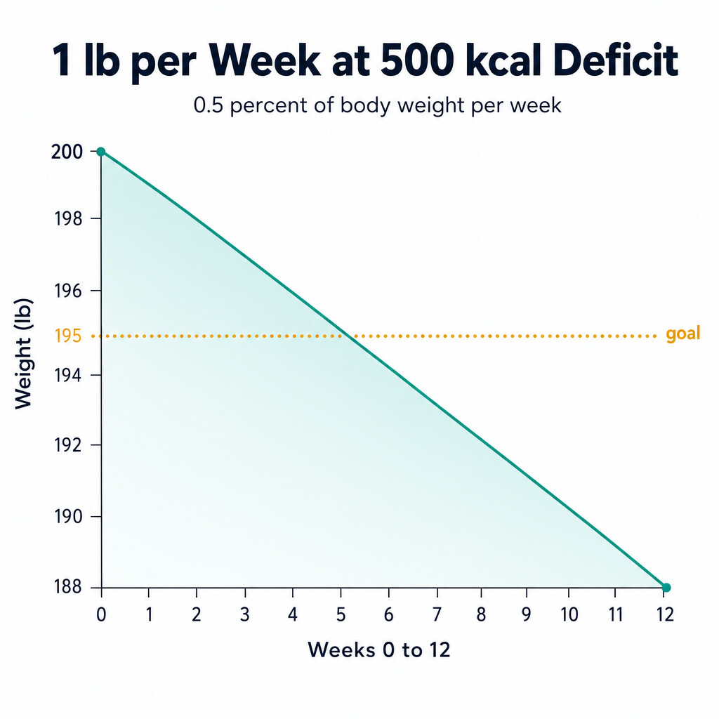 Downward-sloping weight loss line over 12 weeks at a 500 kcal per day deficit, ending at goal weight.