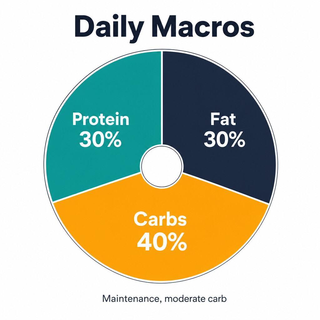 Macro split donut chart showing 30 percent protein, 40 percent carbs, 30 percent fat for maintenance.