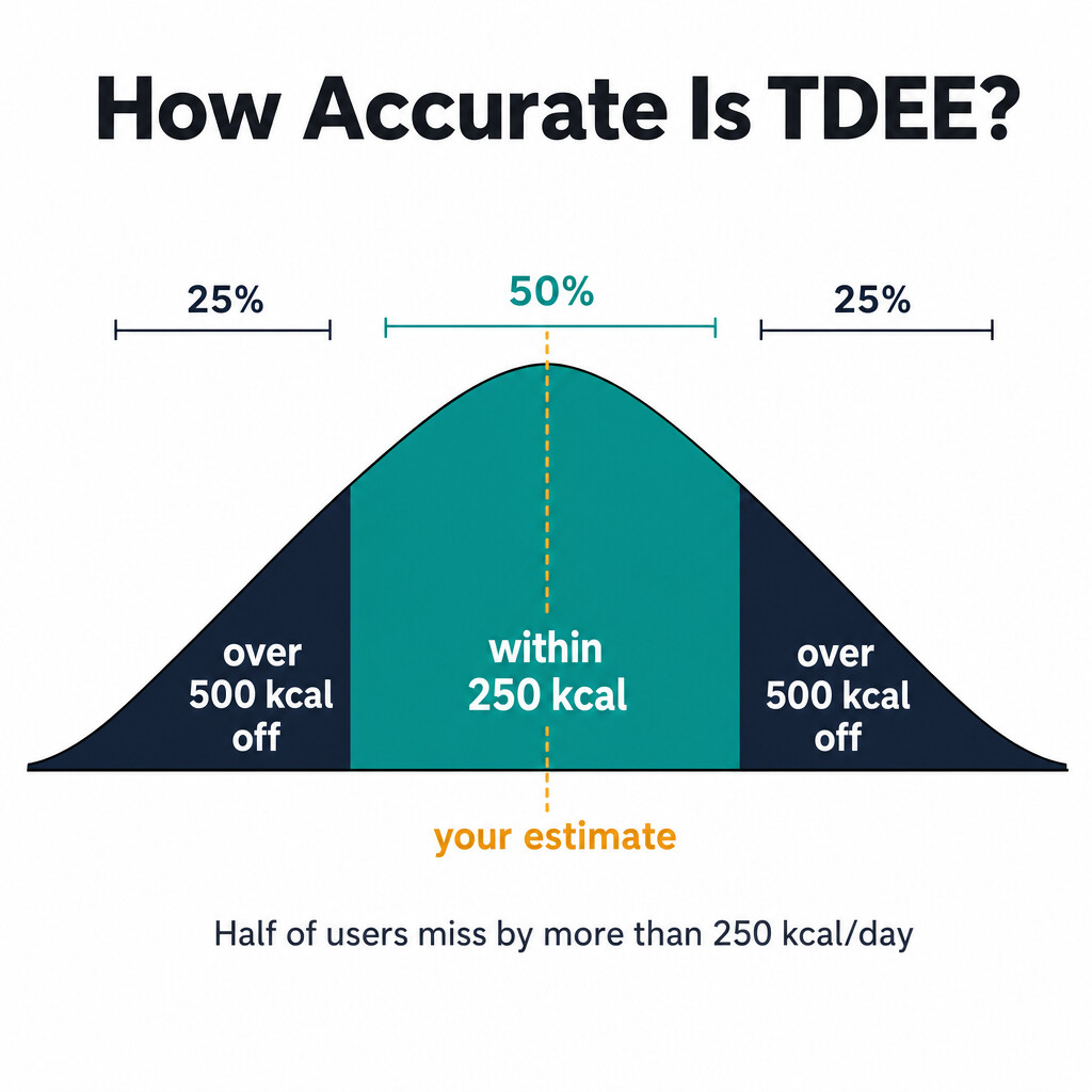 Bell curve showing TDEE estimate accuracy: half of users miss by more than 250 kcal per day, a quarter by more than 500.