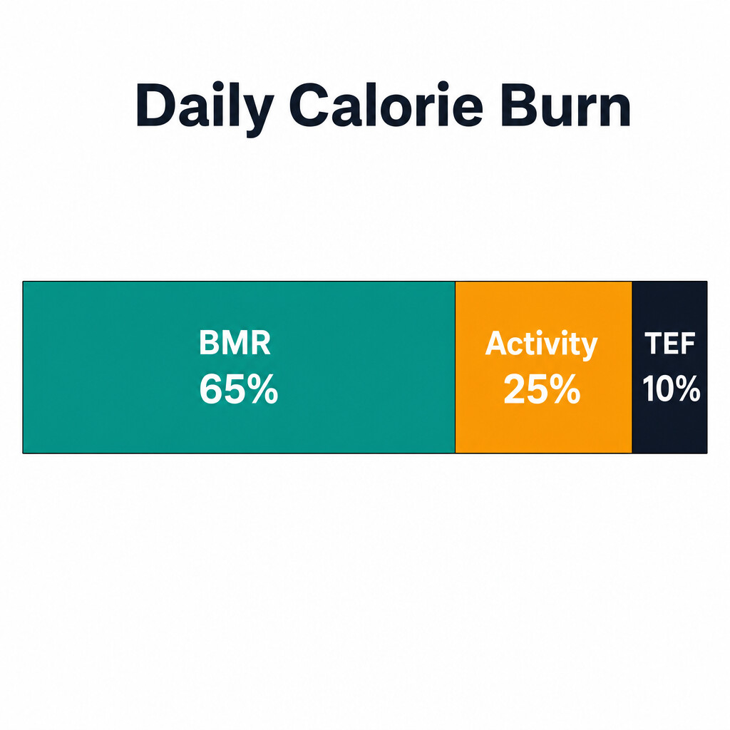 TDEE breakdown chart: BMR 65 percent, physical activity 25 percent, thermic effect of food 10 percent.