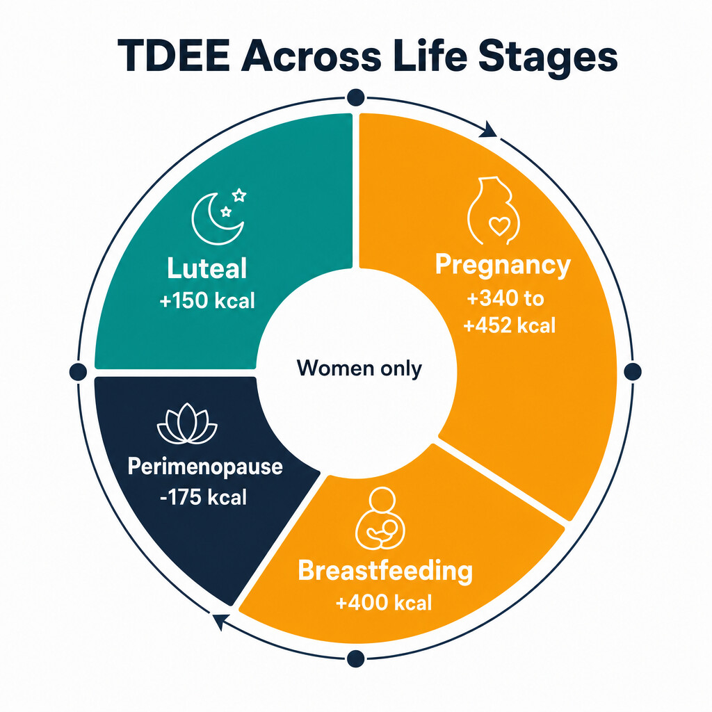 Four-segment circular chart showing TDEE adjustments by life stage: luteal +150, pregnancy +340 to +452, breastfeeding +400, perimenopause -175 kcal per day.